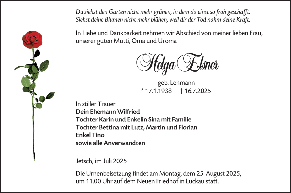  Traueranzeige für Helga Elsner vom 09.08.2025 aus Lausitzer Rundschau