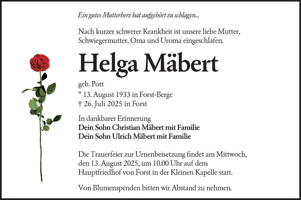  Traueranzeige für Helga Mäbert vom 02.08.2025 aus Lausitzer Rundschau