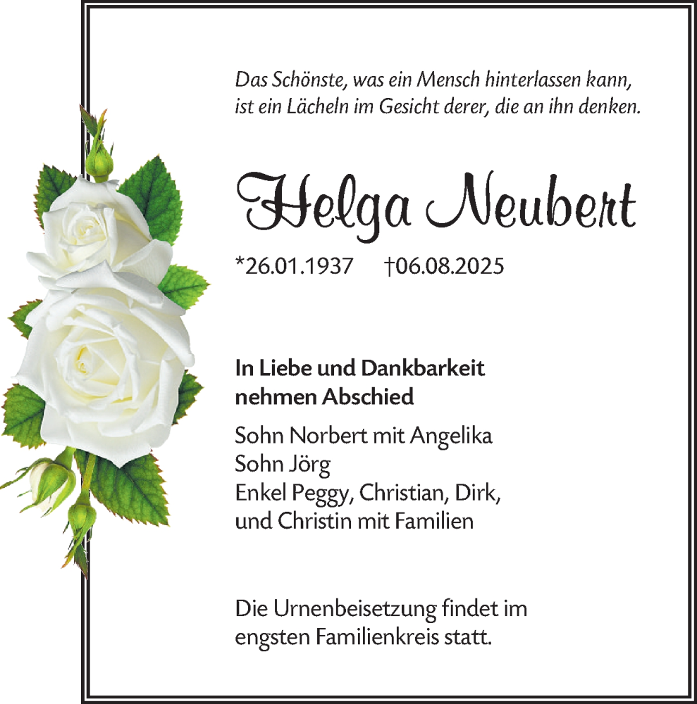  Traueranzeige für Helga Neubert vom 16.08.2025 aus Lausitzer Rundschau