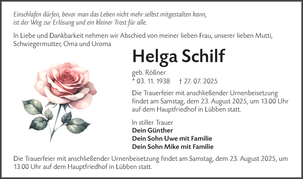  Traueranzeige für Helga Schilf vom 09.08.2025 aus Lausitzer Rundschau