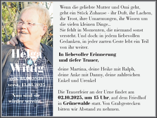 Traueranzeige von Helga Wittig von Lausitzer Rundschau