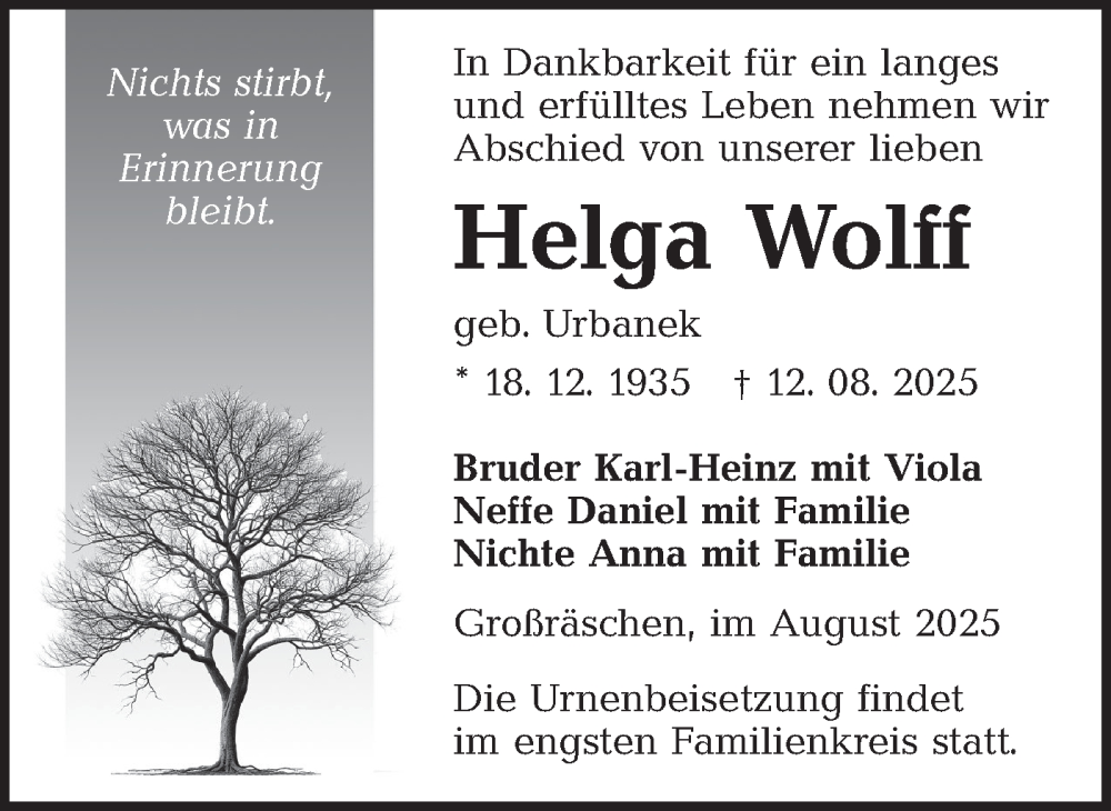  Traueranzeige für Helga Wolff vom 23.08.2025 aus Lausitzer Rundschau