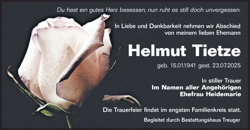  Traueranzeige für Helmut Tietze vom 02.08.2025 aus Lausitzer Rundschau