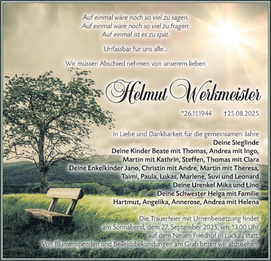 Traueranzeige von Helmut Werkmeister von Lausitzer Rundschau