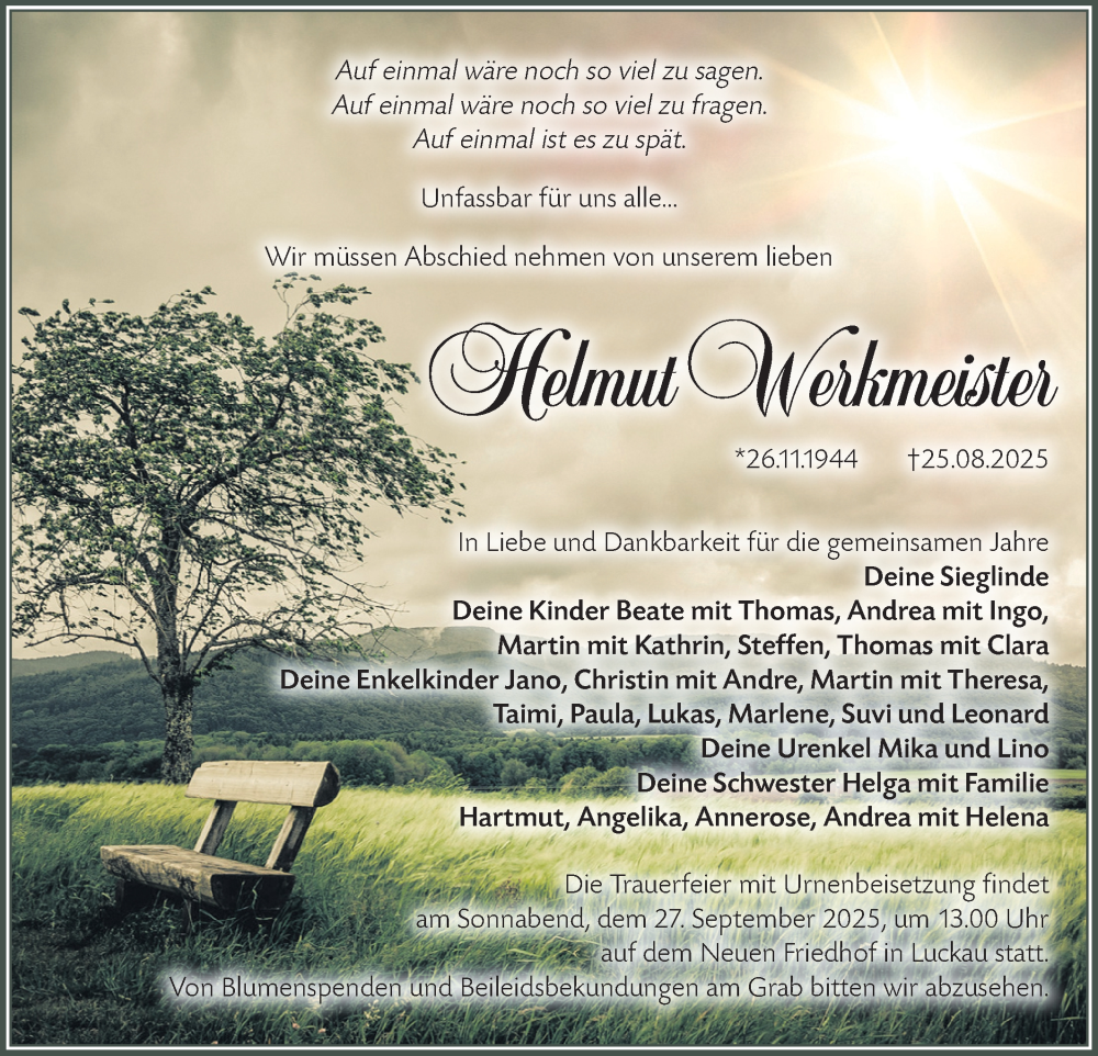  Traueranzeige für Helmut Werkmeister vom 30.08.2025 aus Lausitzer Rundschau