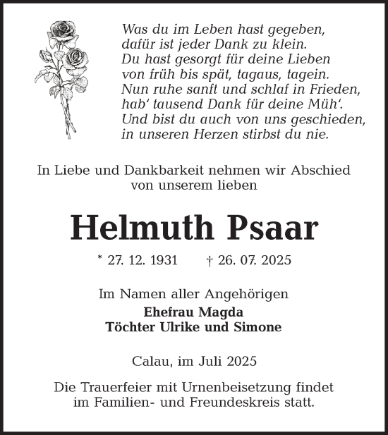 Traueranzeige von Helmuth Psaar von Lausitzer Rundschau
