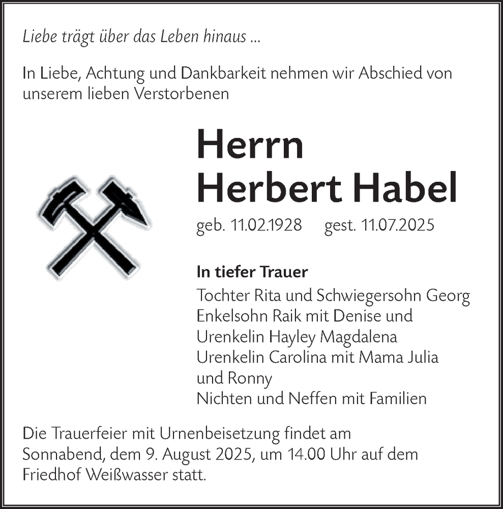  Traueranzeige für Herbert Habel vom 02.08.2025 aus Lausitzer Rundschau