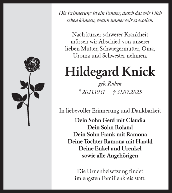 Traueranzeige von Hildegard Knick von Lausitzer Rundschau