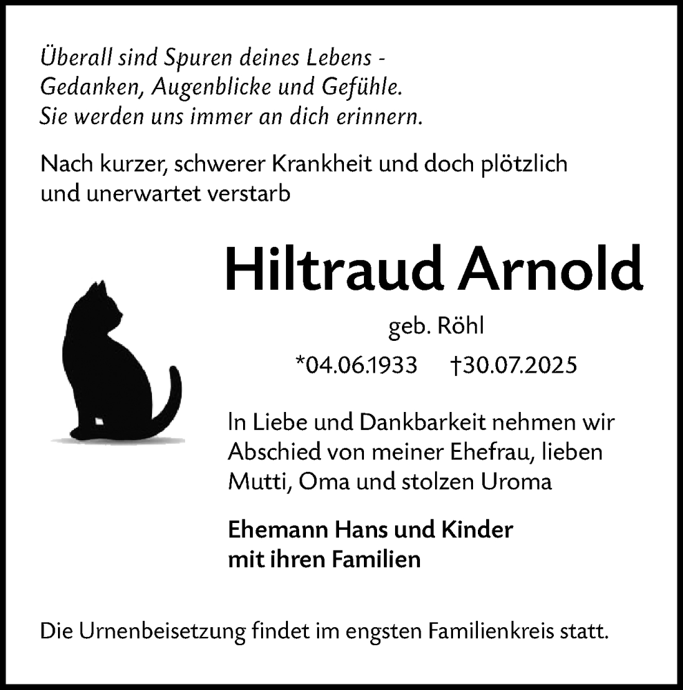  Traueranzeige für Hiltraud Arnold vom 09.08.2025 aus Lausitzer Rundschau