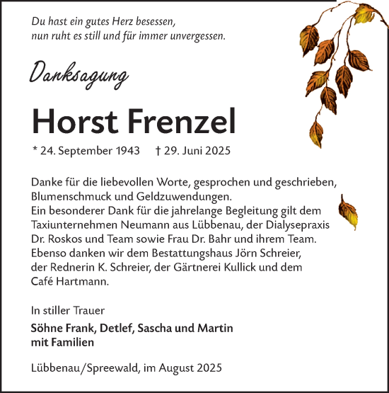 Traueranzeige von Horst Frenzel von Lausitzer Rundschau