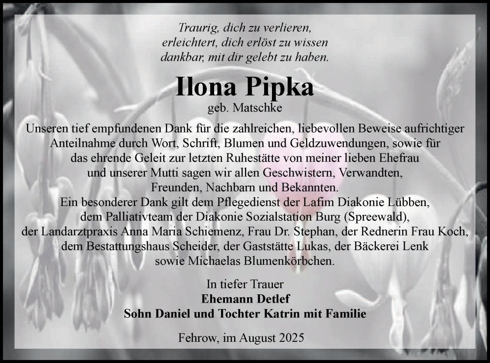  Traueranzeige für Ilona Pipka vom 16.08.2025 aus Lausitzer Rundschau