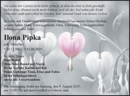 Traueranzeige von Ilona Pipka von Lausitzer Rundschau