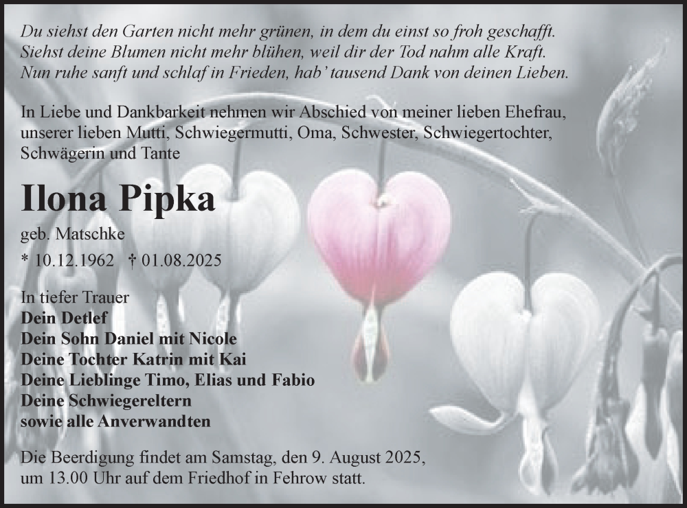  Traueranzeige für Ilona Pipka vom 06.08.2025 aus Lausitzer Rundschau