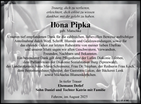 Traueranzeige von Ilona Pipka von Lausitzer Rundschau