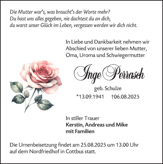 Traueranzeige von Inge Perrasch von Lausitzer Rundschau