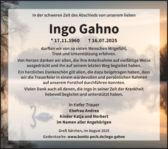 Traueranzeige von Ingo Gahno von Lausitzer Rundschau