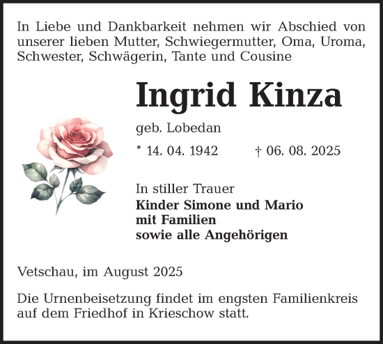 Traueranzeige von Ingrid Kinza von Lausitzer Rundschau