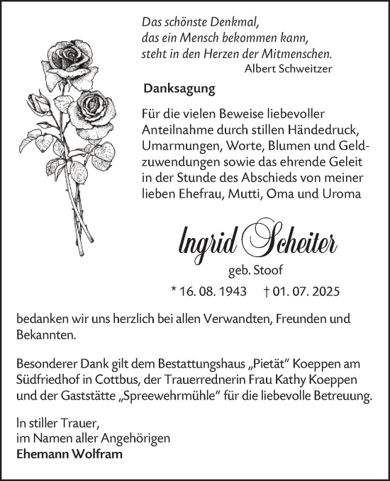 Traueranzeige von Ingrid Scheiter von Lausitzer Rundschau