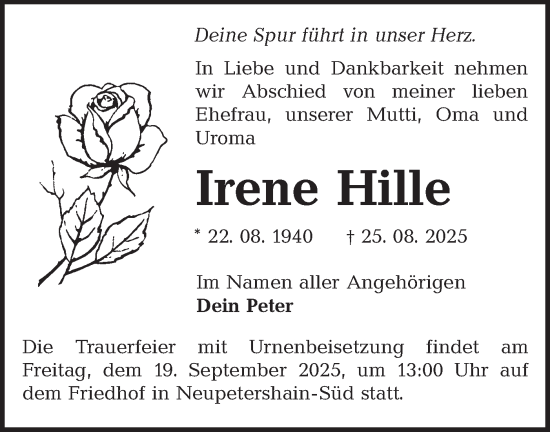 Traueranzeige von Irene Hille von Ausg. LR Spreewald RS