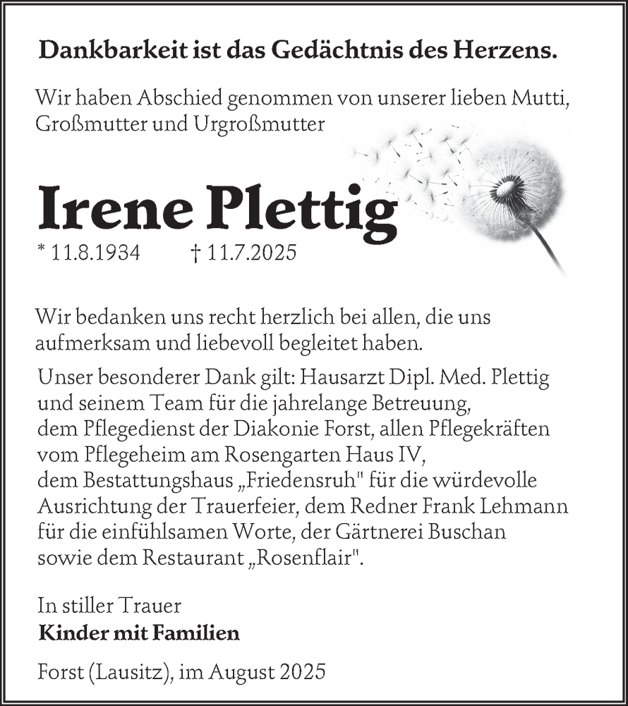  Traueranzeige für Irene Plettig vom 30.08.2025 aus Lausitzer Rundschau