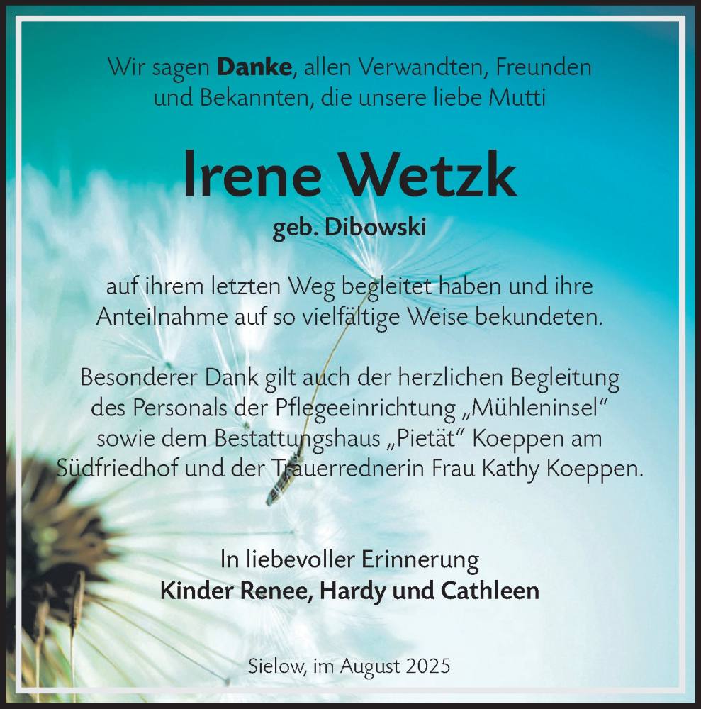  Traueranzeige für Irene Wetzk vom 25.08.2025 aus Lausitzer Rundschau