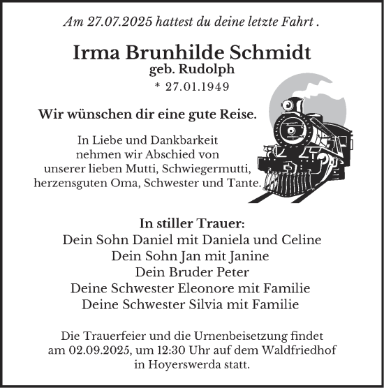 Traueranzeige von Irma Brunhilde Schmidt von Lausitzer Rundschau