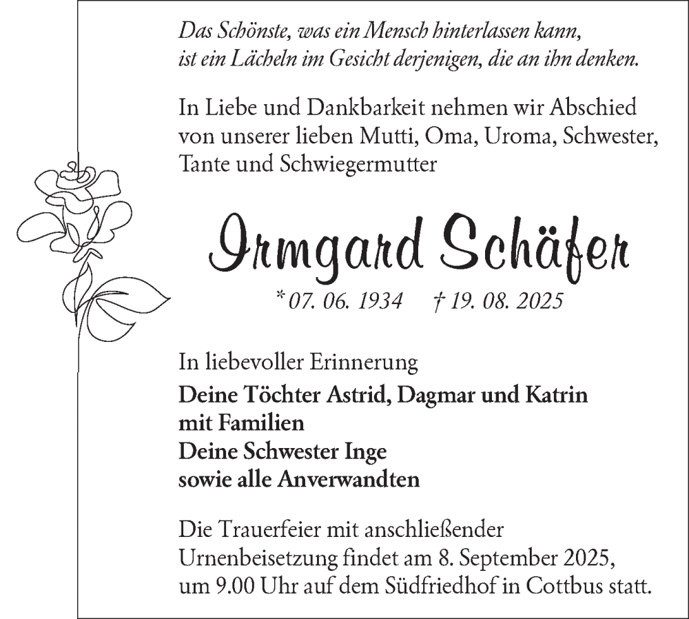  Traueranzeige für Irmgard Schäfer vom 30.08.2025 aus Lausitzer Rundschau