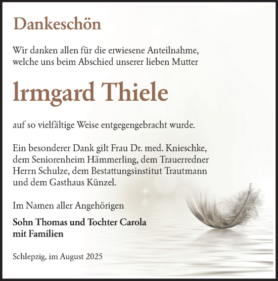 Traueranzeige von Irmgard Thiele von Lausitzer Rundschau