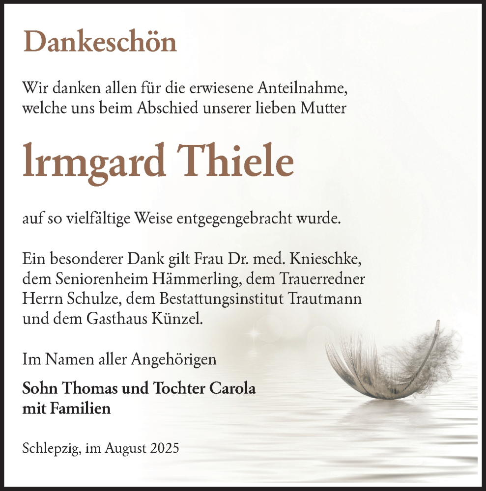  Traueranzeige für Irmgard Thiele vom 23.08.2025 aus Lausitzer Rundschau