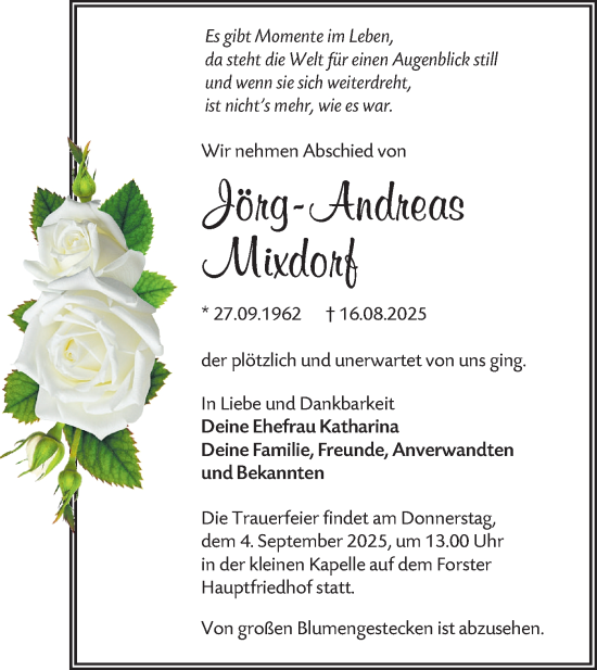 Traueranzeige von Jörg-Andreas Mixdorf von Lausitzer Rundschau