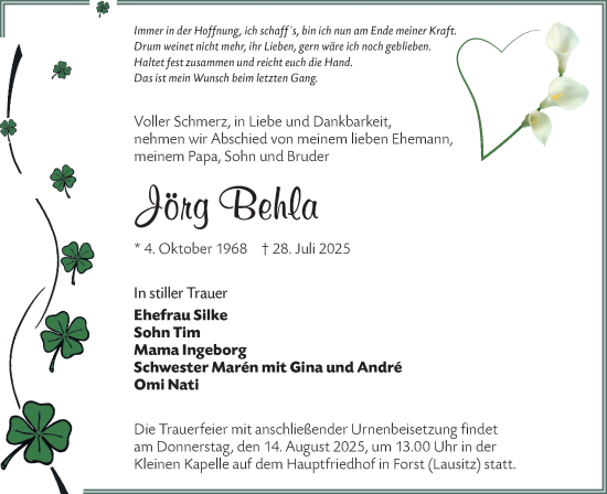 Traueranzeige von Jörg Behla von Lausitzer Rundschau