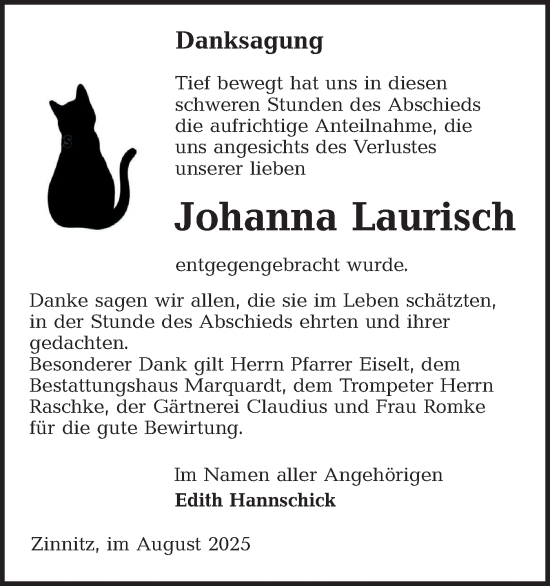 Traueranzeige von Johanna Laurisch von Lausitzer Rundschau