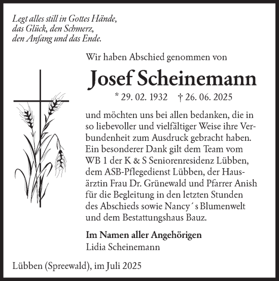 Traueranzeige von Josef Scheinemann von Ausg. LR Spreewald RS