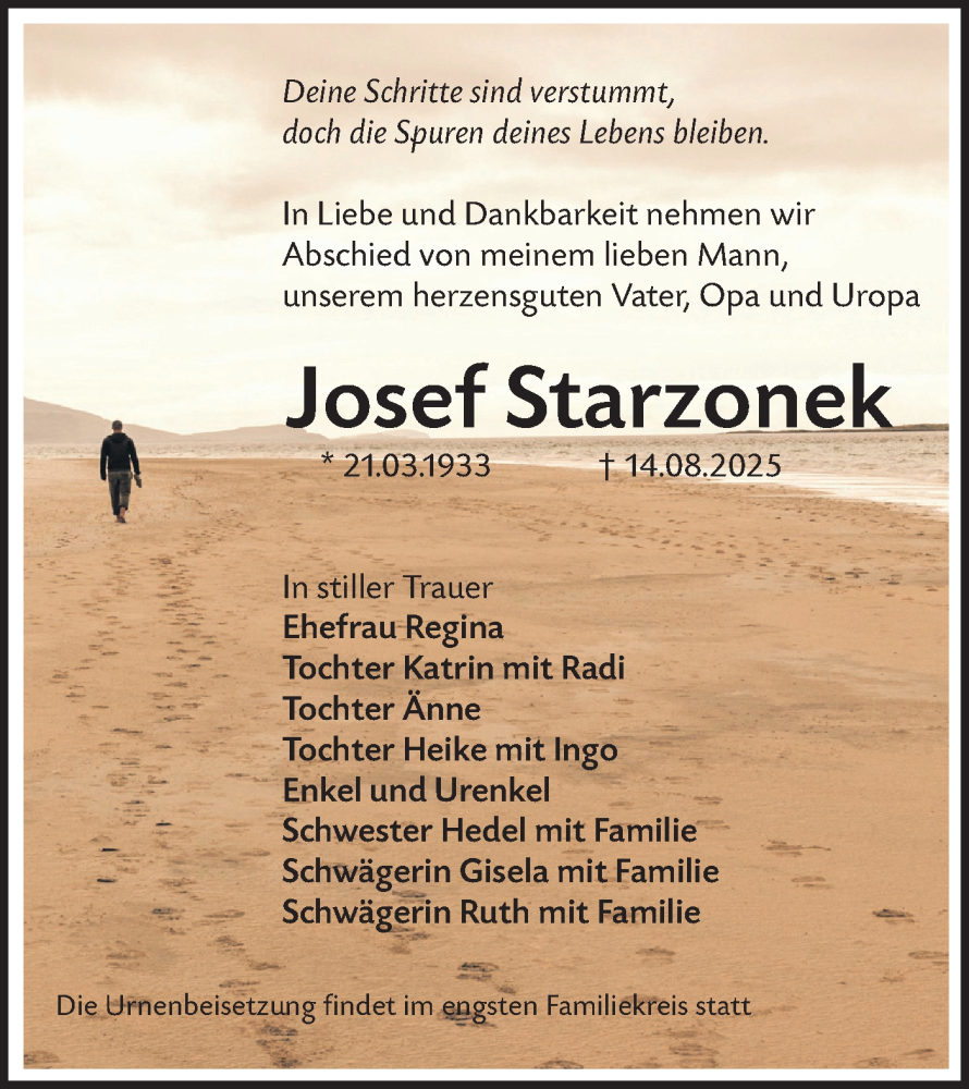  Traueranzeige für Josef Starzonek vom 30.08.2025 aus Lausitzer Rundschau