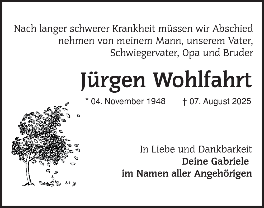  Traueranzeige für Jürgen Wohlfahrt vom 30.08.2025 aus Lausitzer Rundschau