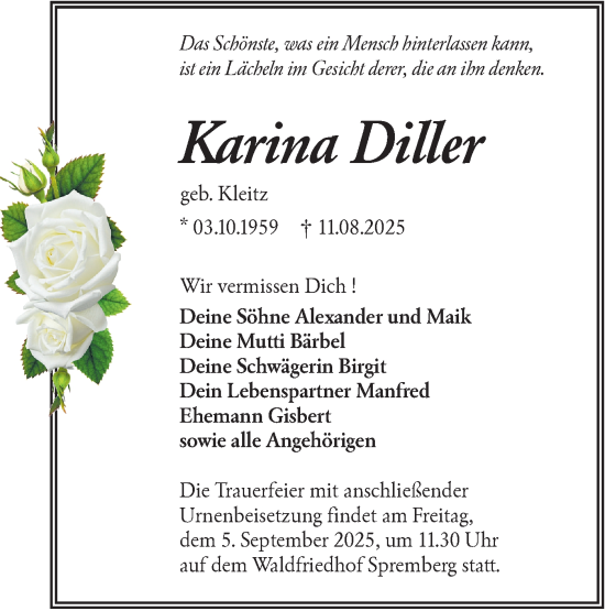 Traueranzeige von Karina Diller von Lausitzer Rundschau