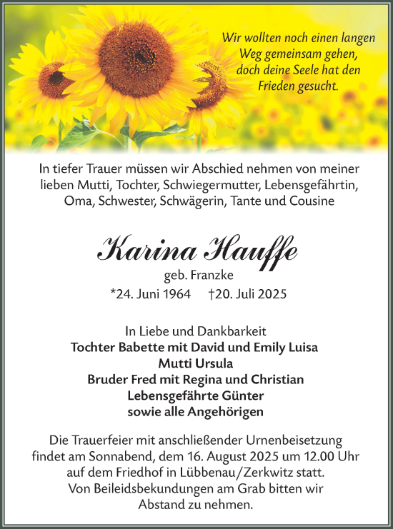 Traueranzeige von Karina Hauffe von Lausitzer Rundschau