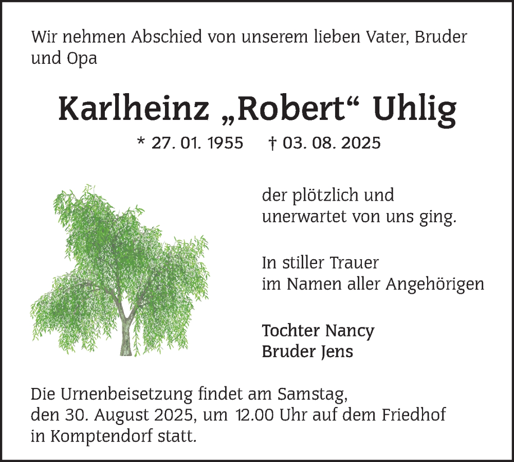  Traueranzeige für Karlheinz Uhlig vom 23.08.2025 aus Lausitzer Rundschau