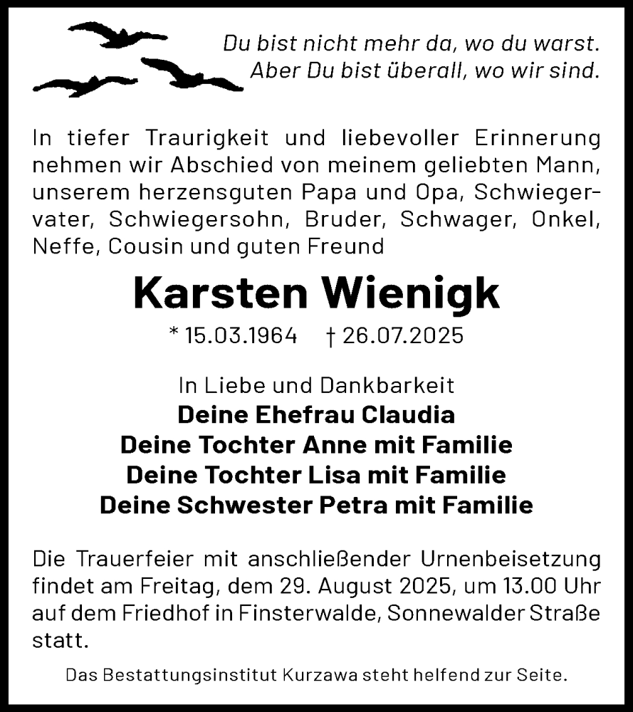  Traueranzeige für Karsten Wienigk vom 09.08.2025 aus Lausitzer Rundschau