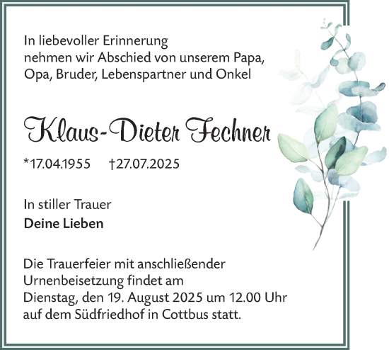 Traueranzeige von Klaus-Dieter Fechner von Lausitzer Rundschau