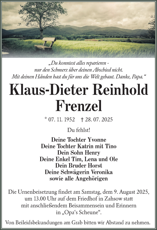Traueranzeige von Klaus-Dieter Reinhold Frenzel von Lausitzer Rundschau