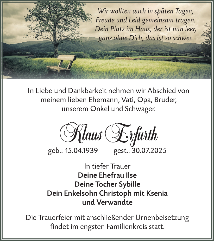  Traueranzeige für Klaus Erfurth vom 16.08.2025 aus Lausitzer Rundschau