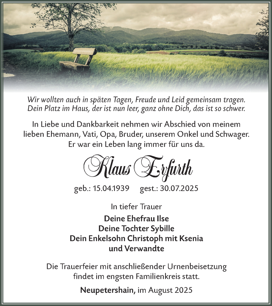  Traueranzeige für Klaus Erfurth vom 16.08.2025 aus Lausitzer Rundschau