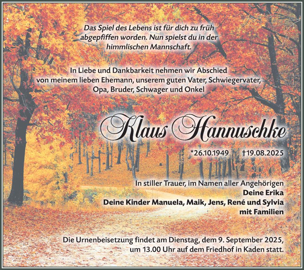  Traueranzeige für Klaus Hannuschke vom 30.08.2025 aus Lausitzer Rundschau