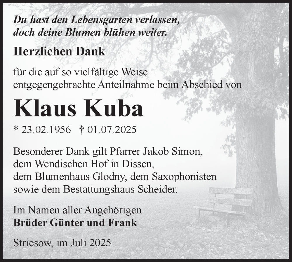  Traueranzeige für Klaus Kuba vom 02.08.2025 aus Lausitzer Rundschau
