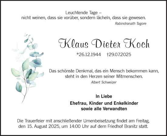 Traueranzeige von Klaus Dieter Koch von Lausitzer Rundschau