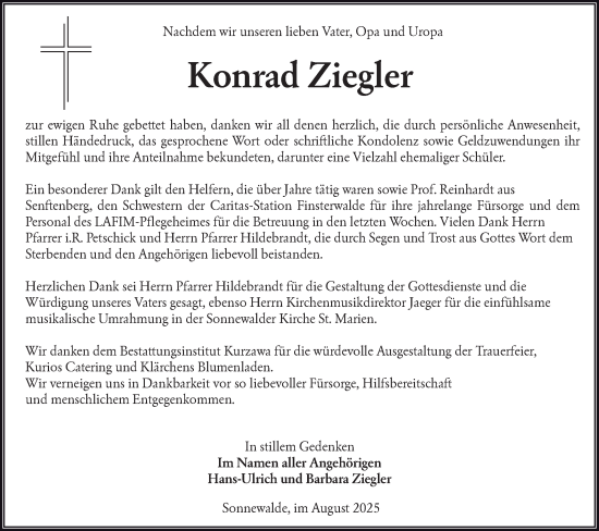 Traueranzeige von Konrad Ziegler von Lausitzer Rundschau