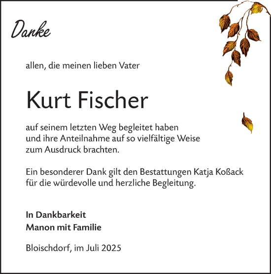 Traueranzeige von Kurt Fischer von Lausitzer Rundschau