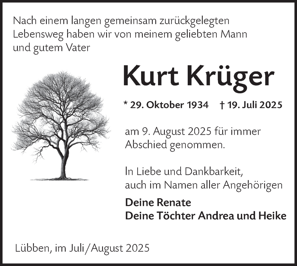  Traueranzeige für Kurt Krüger vom 16.08.2025 aus Ausg. LR Spreewald RS