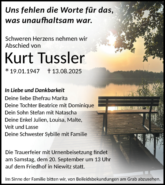 Traueranzeige von Kurt Tussler von Lausitzer Rundschau